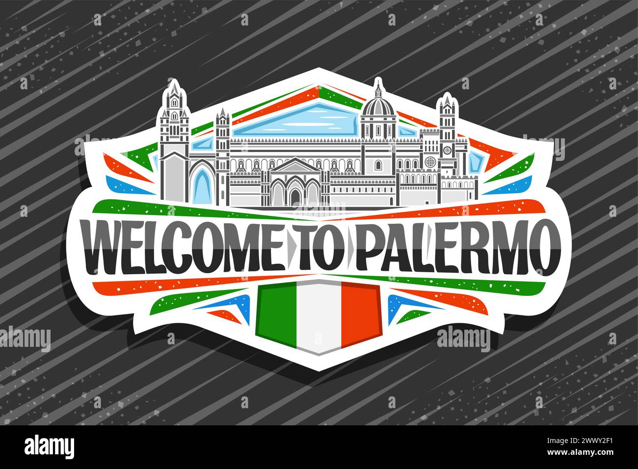 Vector logo for Palermo, white decorative signage with illustration of roman catholic archdiocese of palermo on day sky background, line art design re Stock Vector