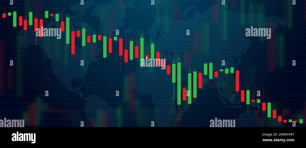 A stock market investment trading chart on a dark background. Green-red ...