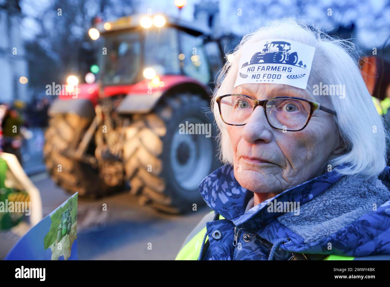 A supporter has a No Farmers No Food sticker on her head as tractors stream past in Parliament Square during the demonstration. Farmers gathered and rode into Parliament Square on more than 130 tractors in a go slow protest demonstrating about the lack of support for British food production. Stock Photo