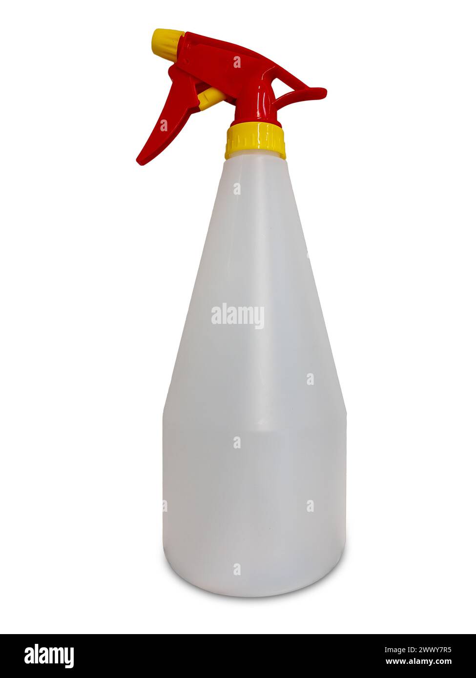 White plastic spray bottle with red yellow sprayer isolated on white ...