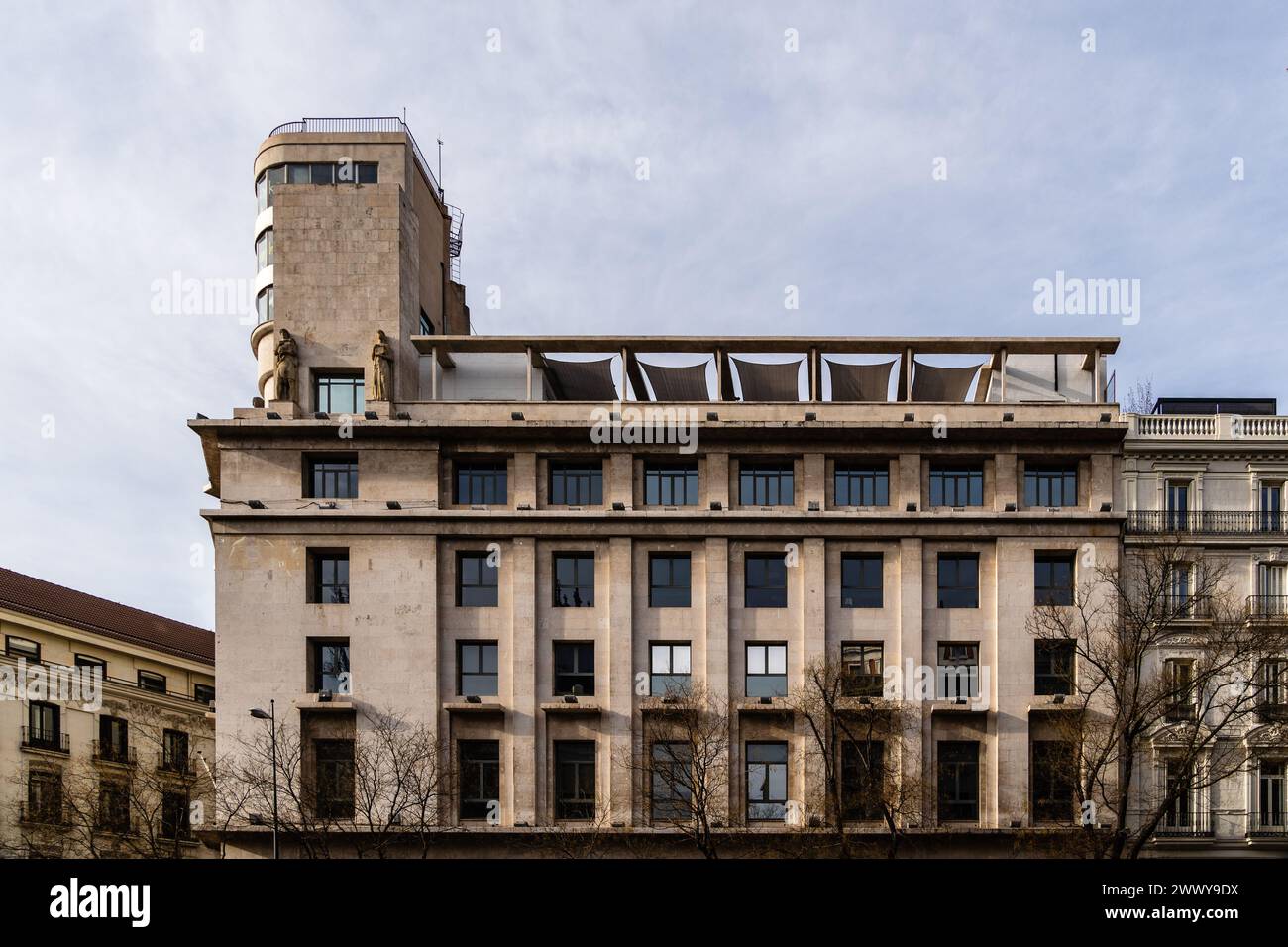 Madrid, Spain - 17 March, 2024: Old Luxury Residential Buildings in Alcala Street in Salamanca District. Equitativa Building Stock Photo