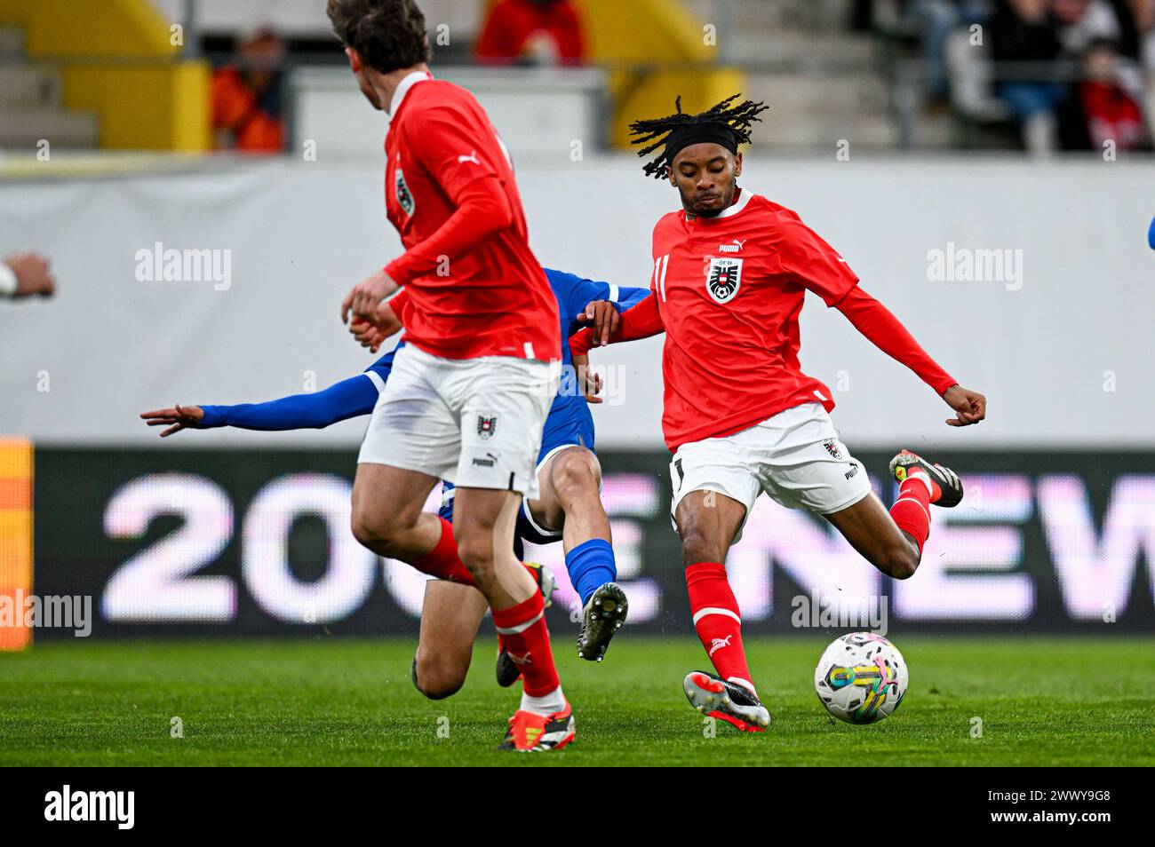 26.03.2024, Innviertel Arena Ried, AUT, U21 EM-Qualifikation 2025 - Oesterreich vs Zypern, im Bild Thierno Mamadou Lamarana Ballo (AUT), Romeo Vucic (AUT) vs Kypros Neofytou (CYP) .// Uefa U21 Euro 2025 Qualifikation Match between Austria and Cyprus in Ried, Austria on 2024/03/26 - 20240326 PD6410 Stock Photo