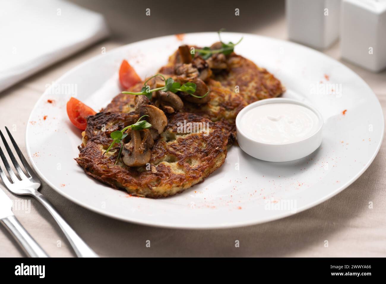 Potato pancakes with mushrooms. Potatoes pancakes on white plate with sour cream. Copy space for text. Stock Photo