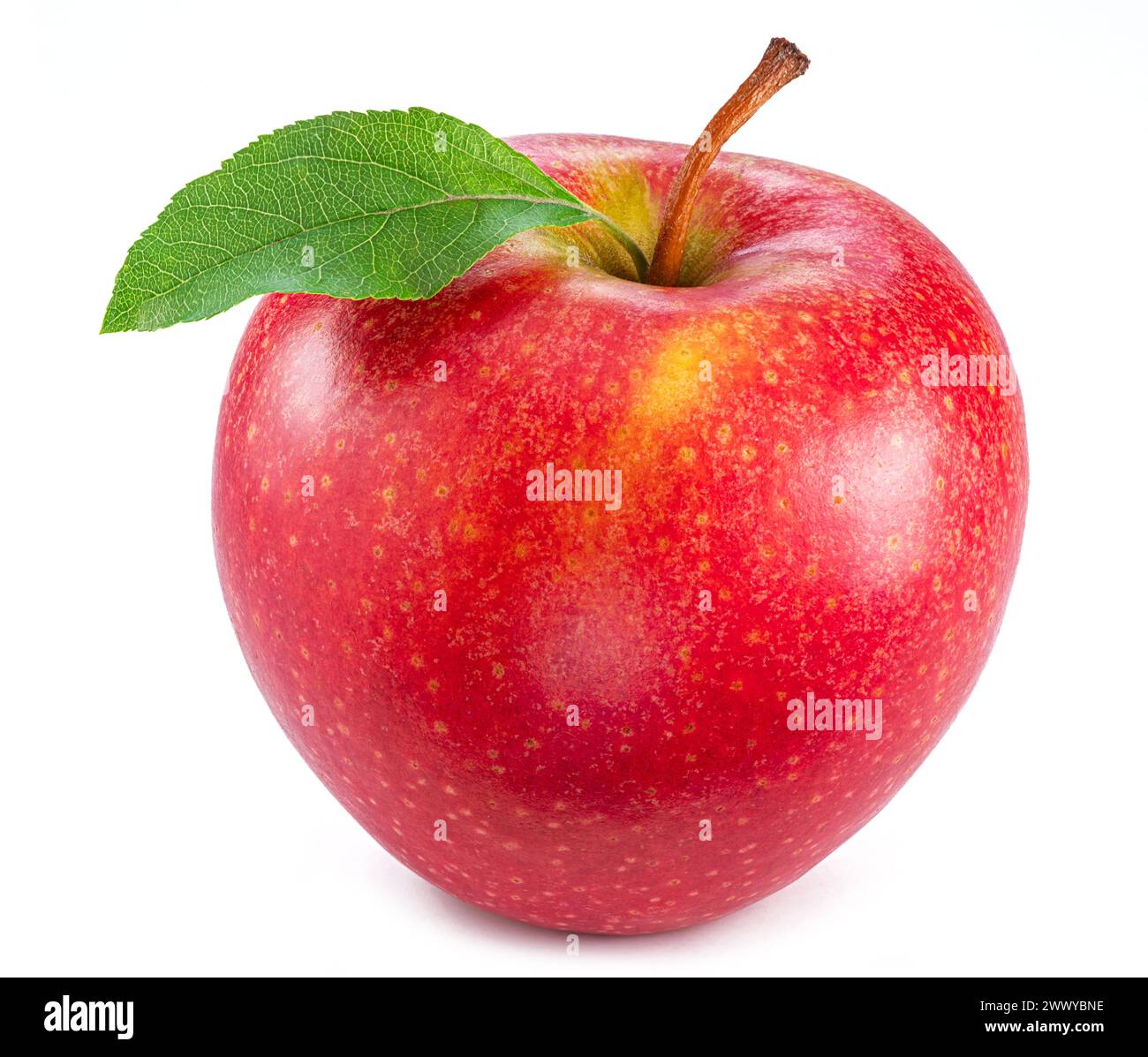 Ripe red apple with green leaf on white background. Stock Photo