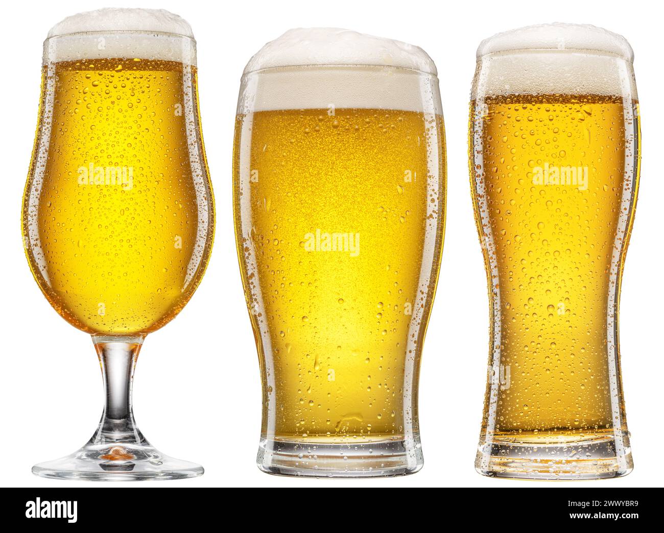 Three different beer glasses types of chilled light beer with beer on