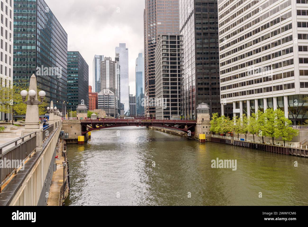 Modern office skyscrapres along Chicago river on a cloudy spring day Stock Photo