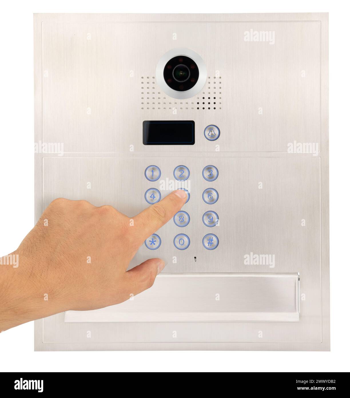 Person Using Security Access Control Keypad, Intercom. Stock Photo