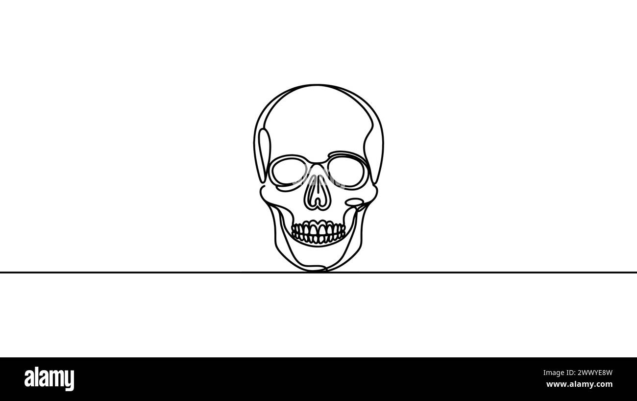 Continuous thin line human skull vector illustration, minimalist cranium sketch doodle. One line art scull icon, single outline drawing or simple skul Stock Vector