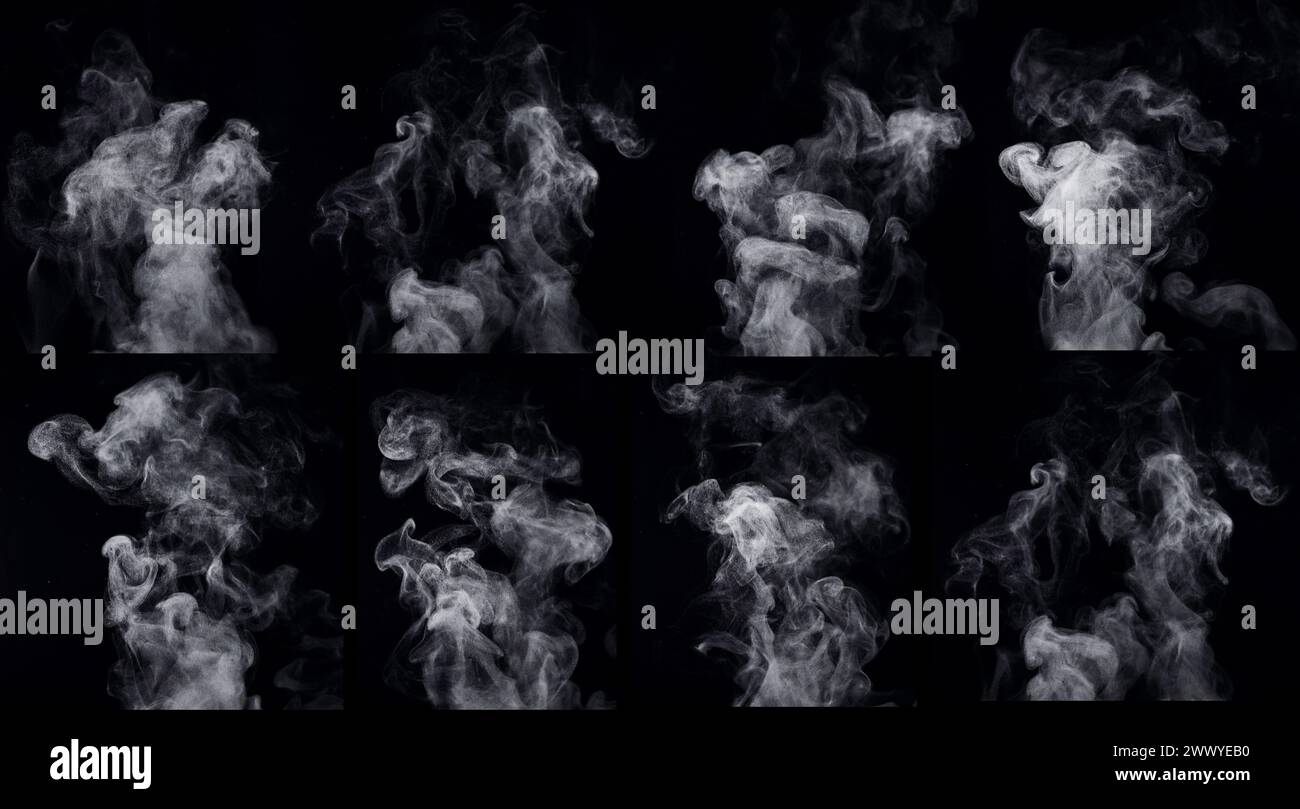 Several options of form water steam, isolated on a black background. Stock Photo