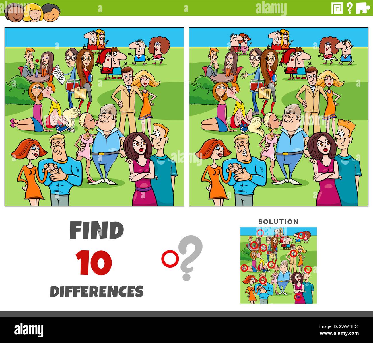 Cartoon illustration of finding the differences between pictures educational game with comic couples Stock Vector