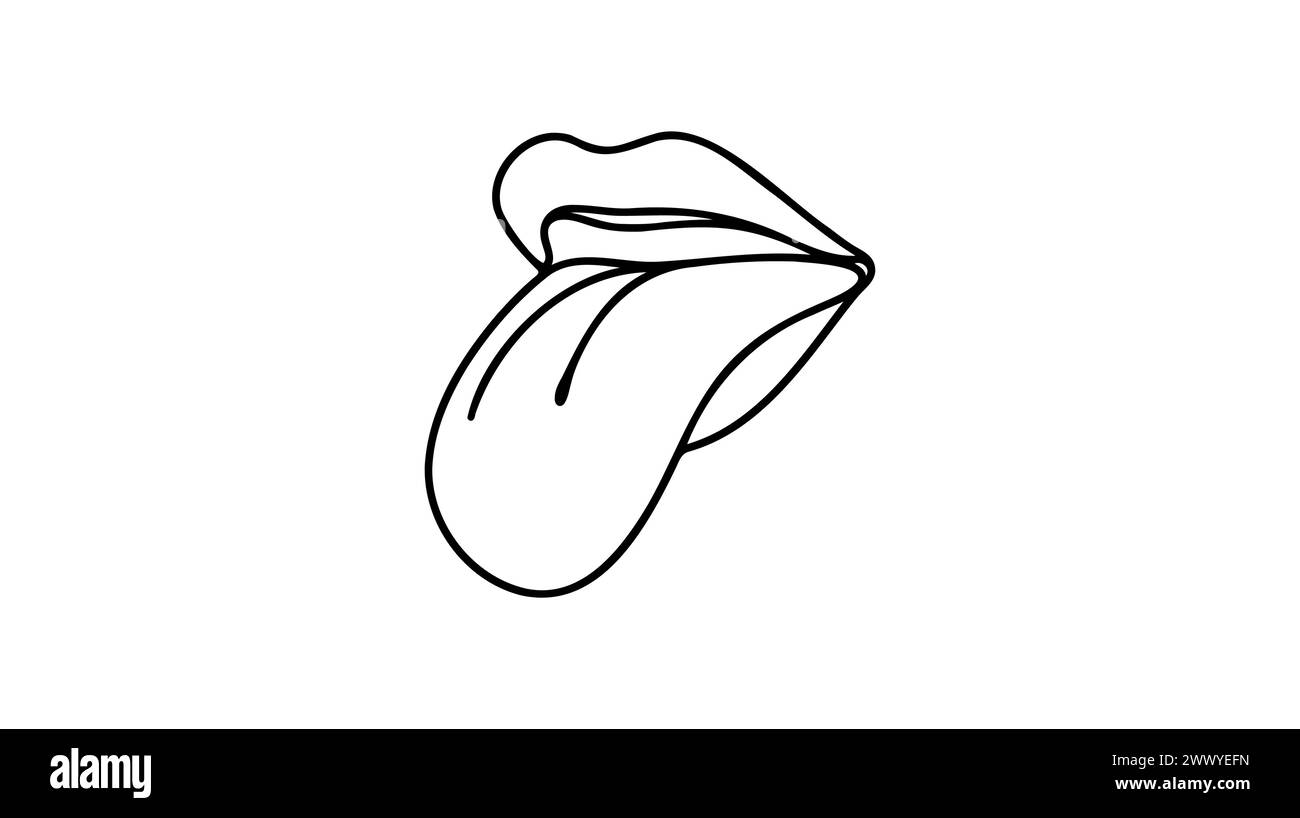 One continuous line drawing of old retro classic iconic logo lips and tongue from 80s era. Vintage icon item concept single line draw design graphic v Stock Vector