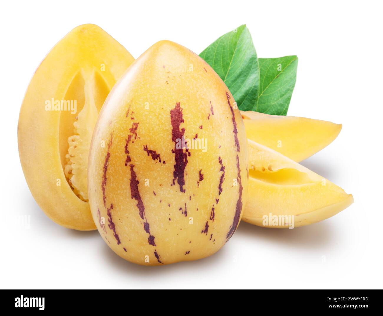 Pepino melon or pepino dulce and sliced fruit isolated on white background. Clipping path. Stock Photo