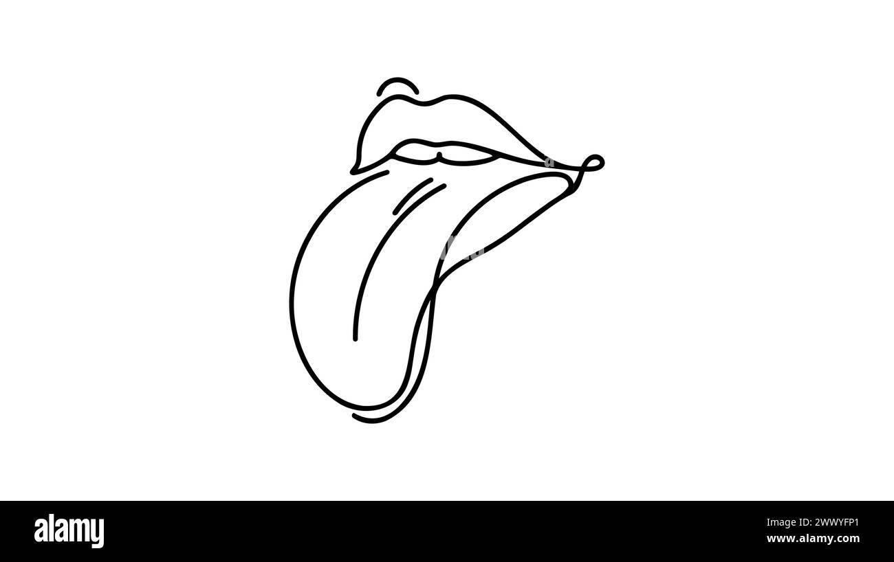 One continuous line drawing of old retro classic iconic logo lips and tongue from 80s era. Vintage icon item concept single line draw design graphic v Stock Vector