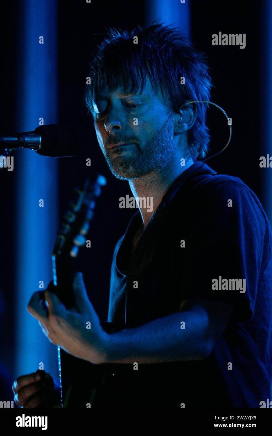 Thom Yorke, Lead singer of the group Radiohead performs with the band at the Comcast Center in Mansfield, Massachusetts on August 13, 2008. Stock Photo