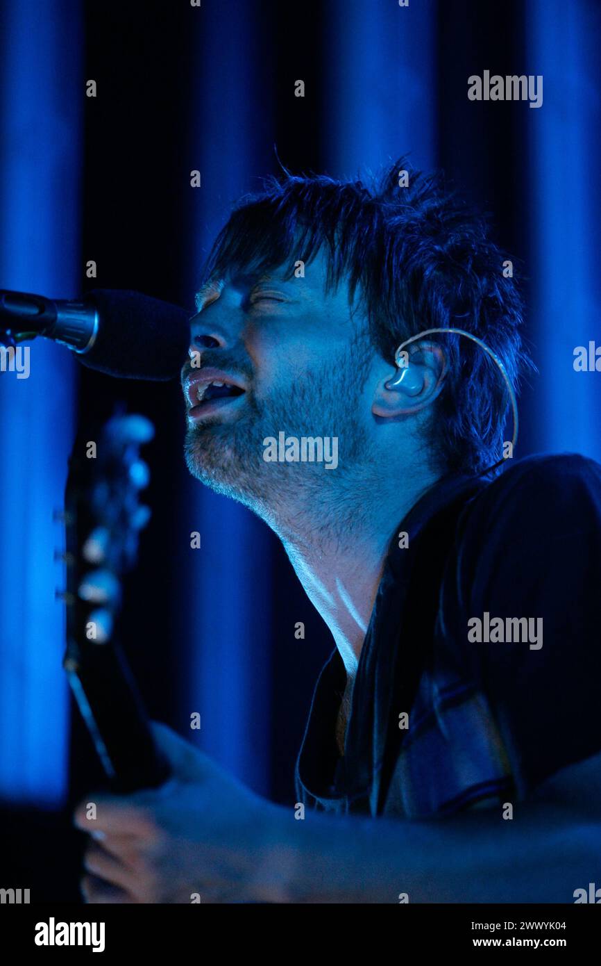 Thom Yorke, Lead singer of the group Radiohead performs with the band at the Comcast Center in Mansfield, Massachusetts on August 13, 2008. Stock Photo