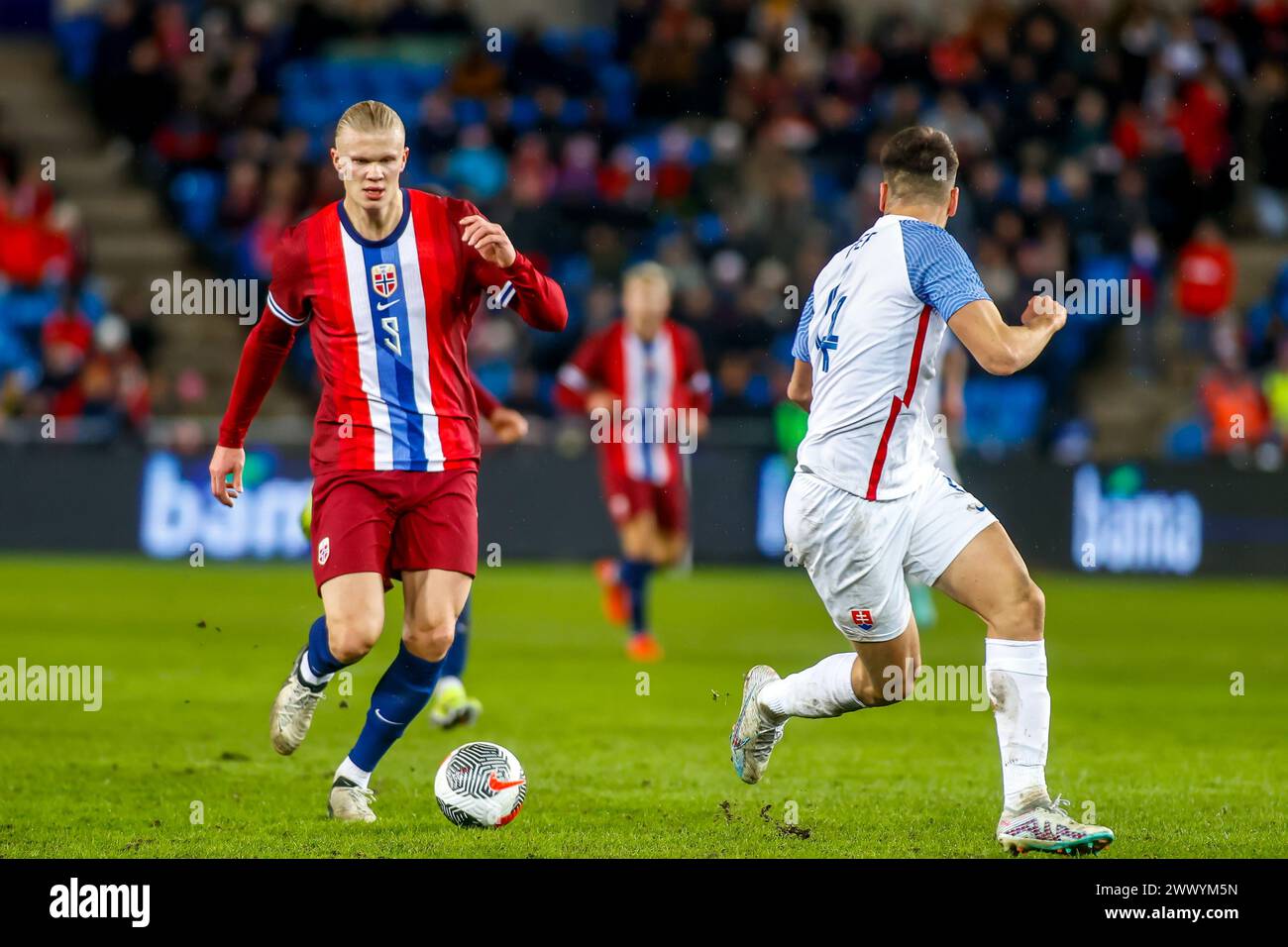 Oslo, Norway, 26th March 2024. Norway's Erling Braut Haaland on the ball in the friendly match between Norway and Slovakia at Ullevål Stadium in Oslo  Credit: Frode Arnesen/Alamy Live News Stock Photo