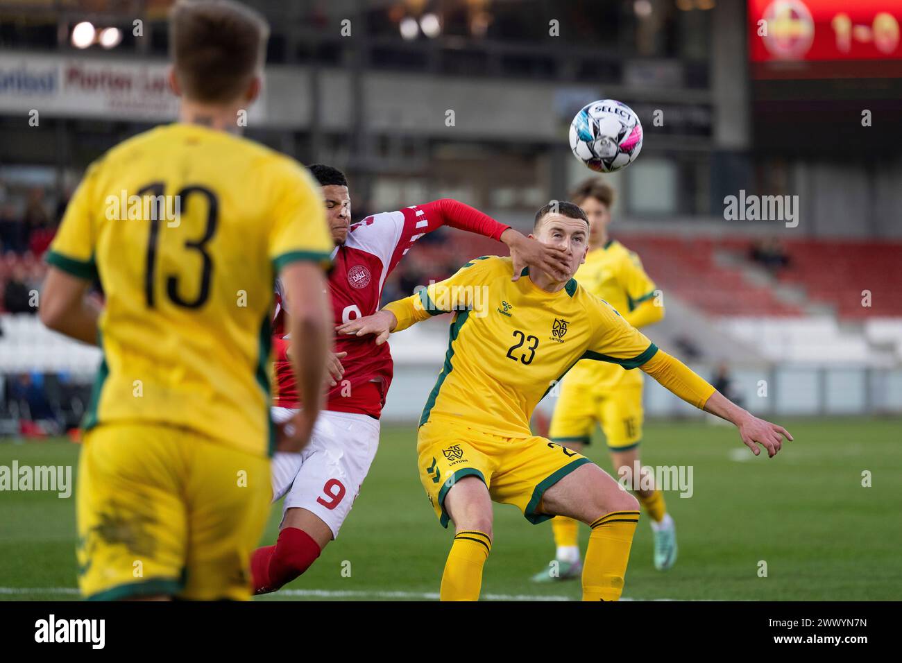 Domas Slendzoka (23) and William Osula (9) during the U21 European Championship qualification match between Denmark and Lithuania at Vejle Stadium on Tuesday, March 26, 2024.. (Photo: Frank Cilius/Ritzau Scanpix) Stock Photo