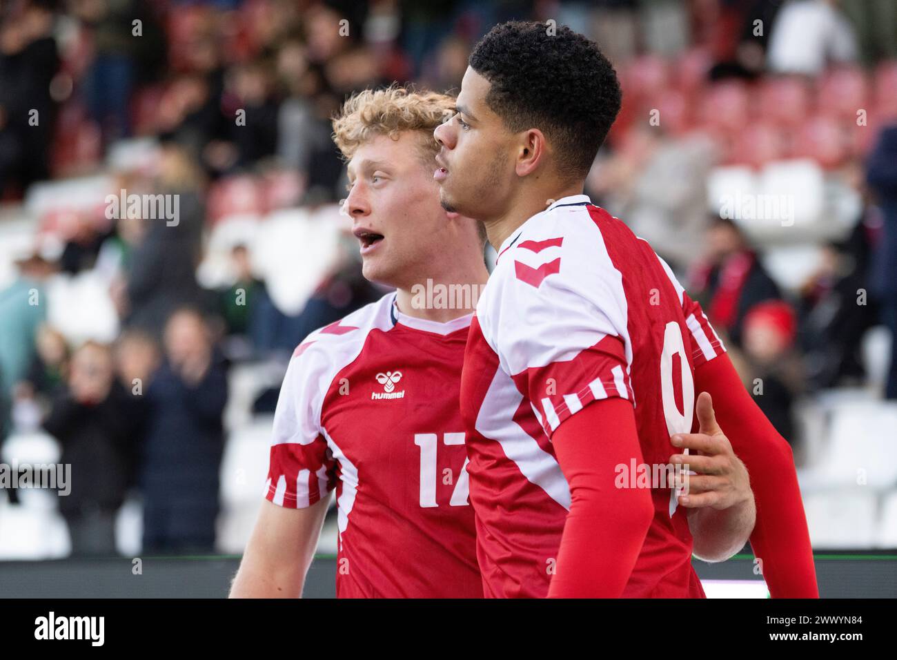 Oliver Soerensen (17) and William Osula (9) during the U21 EC qualification match between Denmark and Lithuania at Vejle Stadium on Tuesday, March 26, 2024. (Photo: Frank Cilius/Ritzau Scanpix) Stock Photo