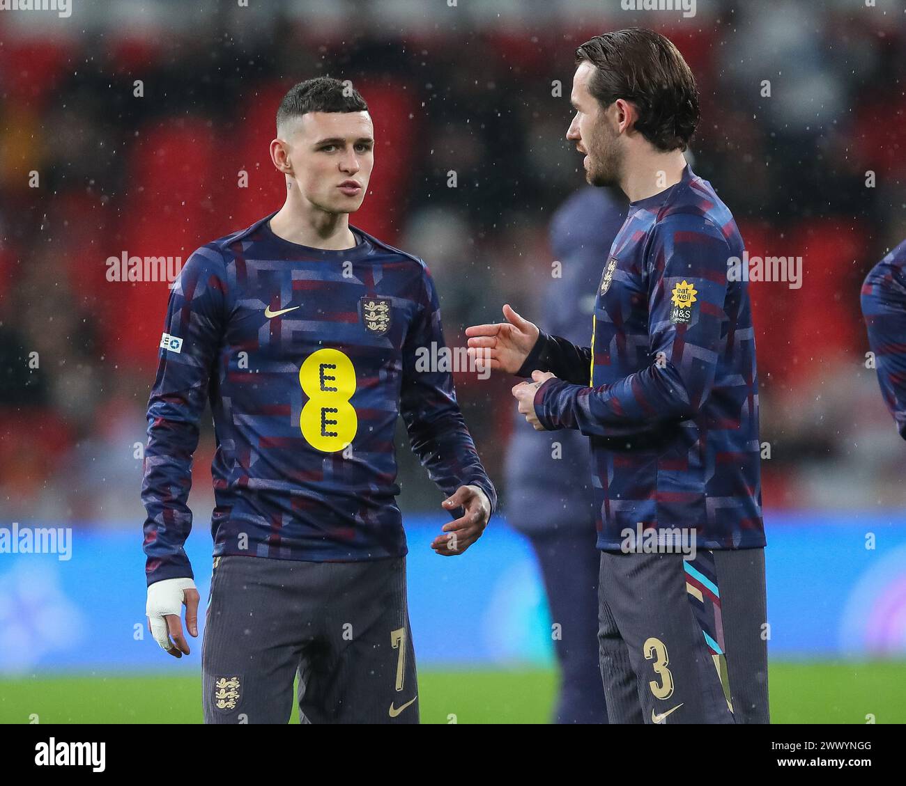 Phil Foden of England converses with Ben Chilwell of England during the International Friendly match England vs Belgium at Wembley Stadium, London, United Kingdom, 26th March 2024  (Photo by Gareth Evans/News Images) Stock Photo