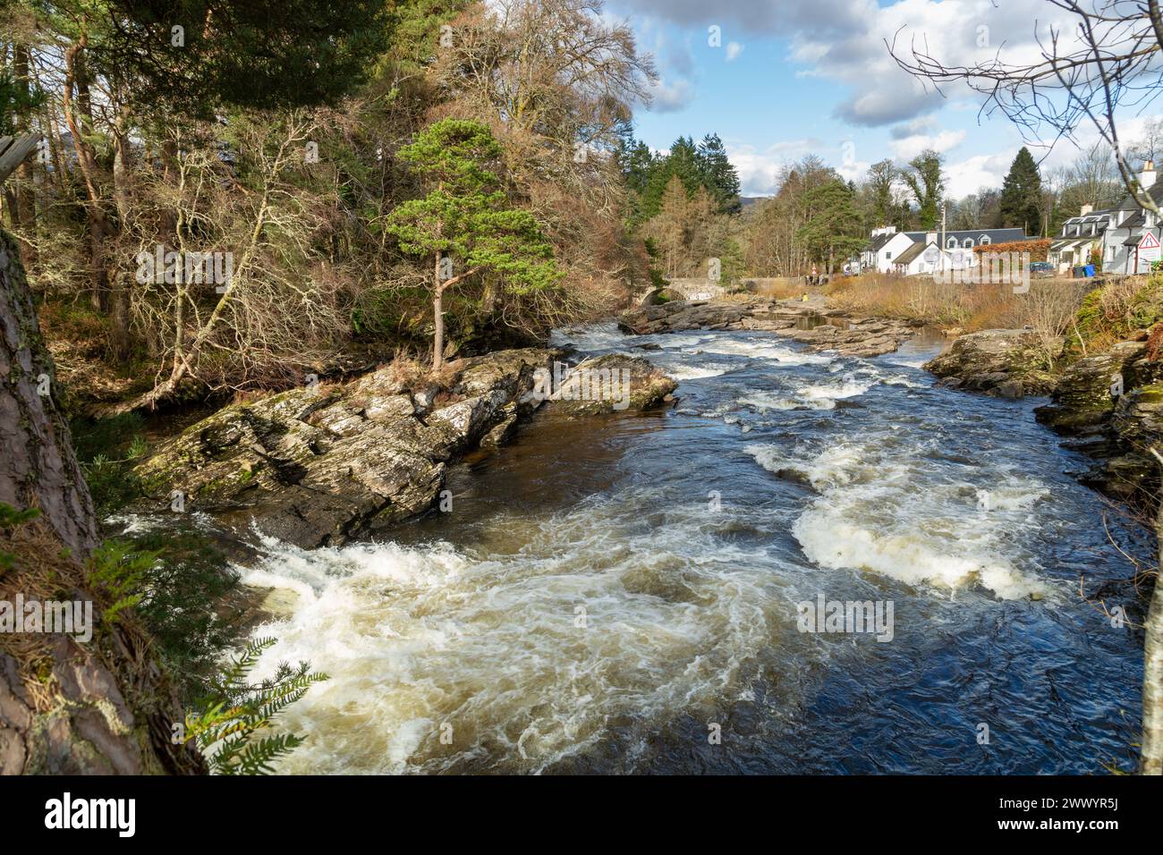 The Falls of Dochart are a cascade of waterfalls situated on the River Dochart at Killin in Perthshire, Scotland Stock Photo