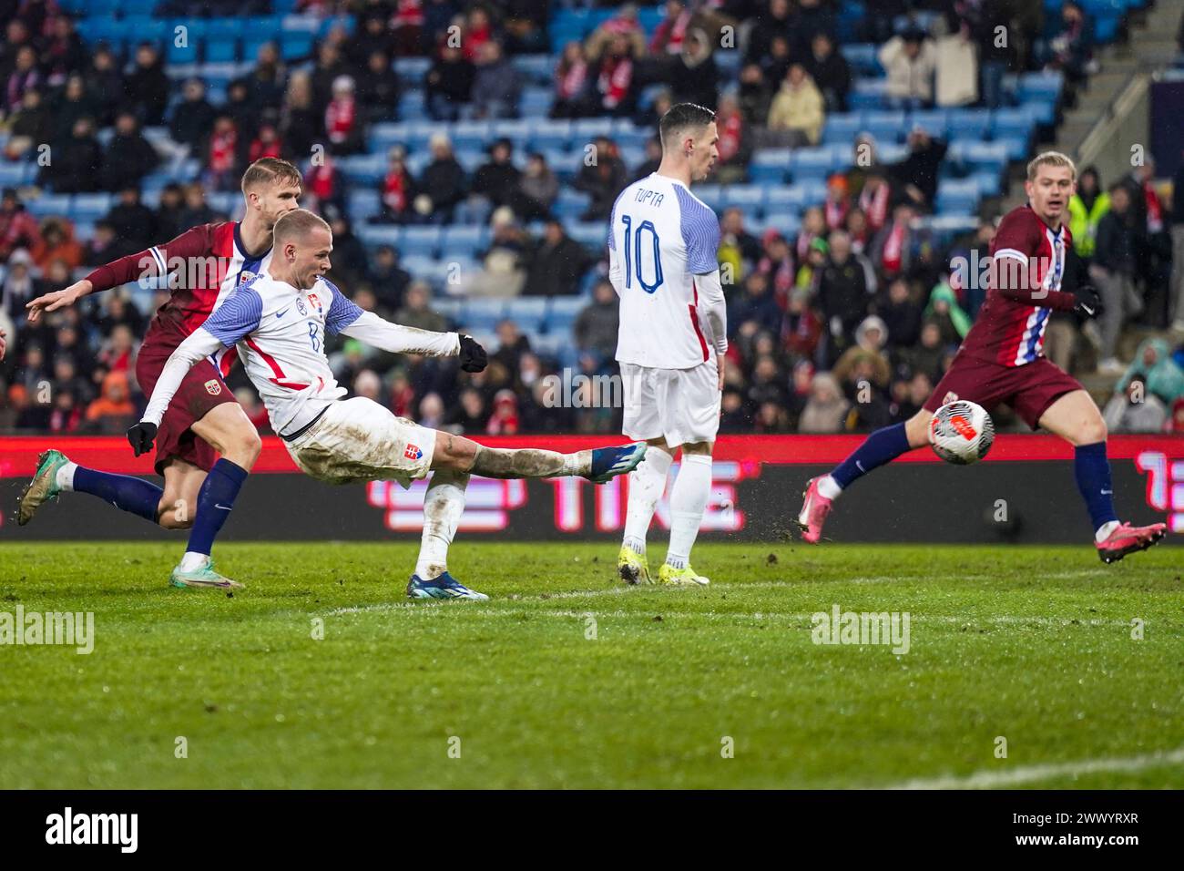 Oslo 20240326.Slovakia's Ondrej Duda scores during the private international soccer match between Norway and Slovakia at Ullevaal Stadium. Photo: Fredrik Varfjell / NTB Stock Photo