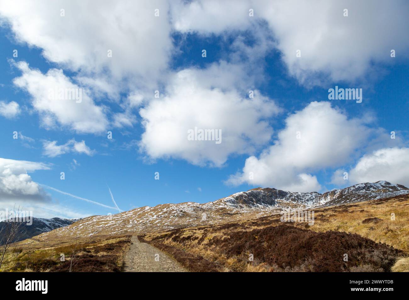 Looking towards Meall Garbh & Meall nan Tarmachan from a track in the Ben Lawers National Nature Reserve Stock Photo