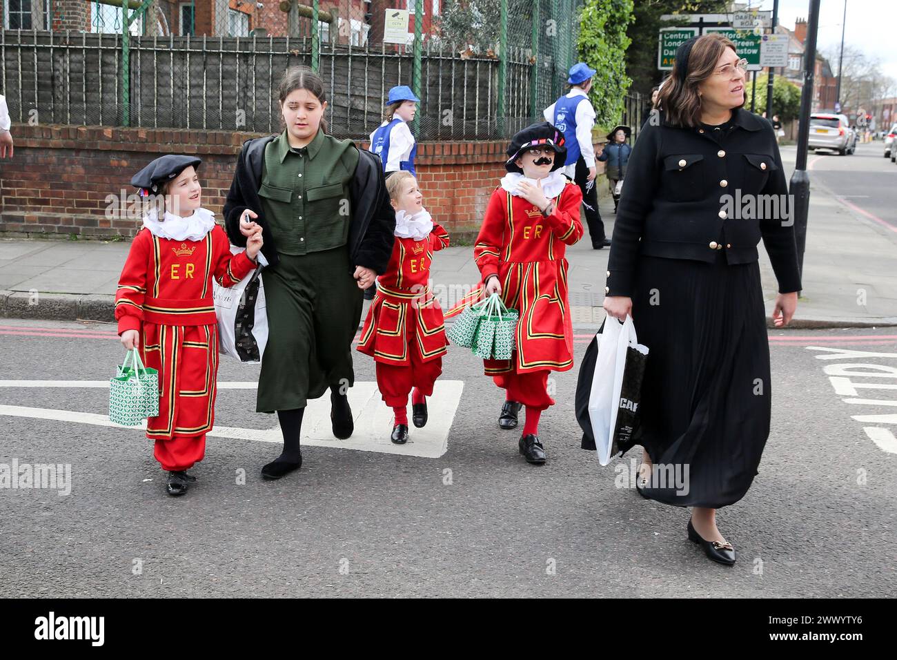 jewish fancy dress festival Orthodox Jewish children in fancy dresses during the event.Members of the Orthodox Jewish community celebrate the festival of Purim with street parades and costume parties Stock Photo