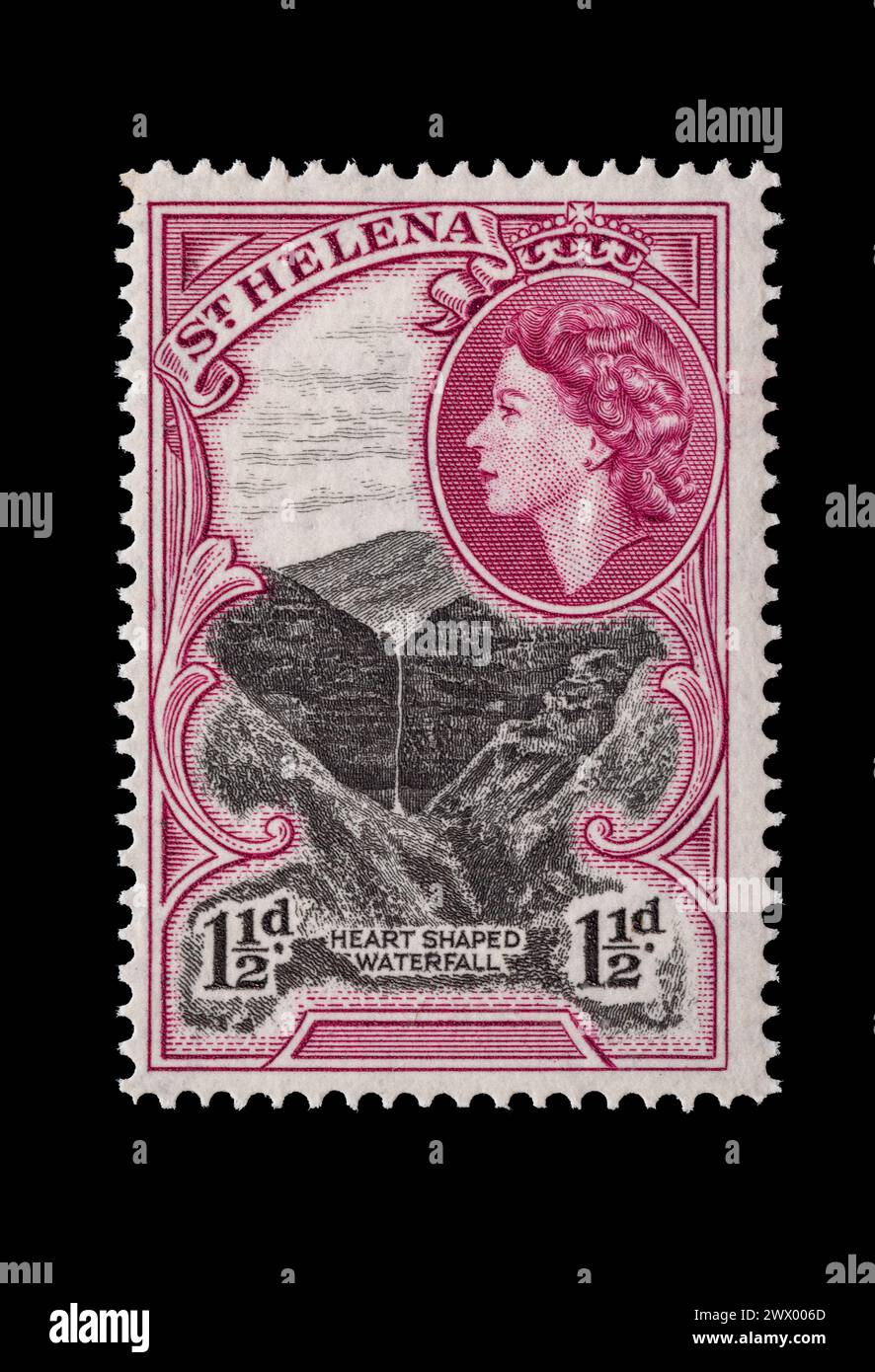 Vintage postage stamp from St Helena circa 1953 Queen Elizabeth II. Artwork showing the heart shaped falls. Stock Photo