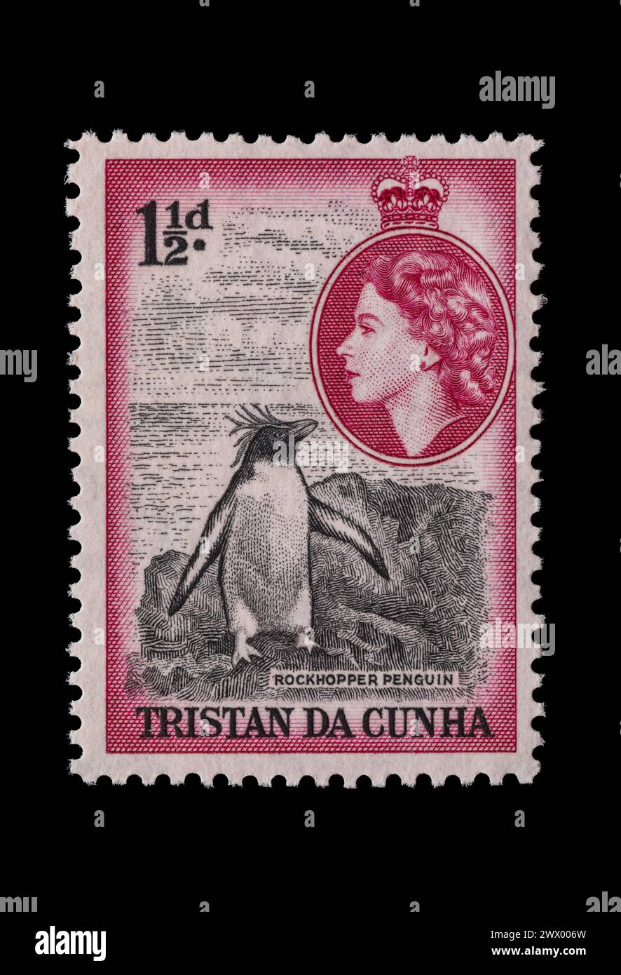 Vintage postage stamp from Tristan da Cunha circa 1956. Queen Elizabeth II. Artwork showing a rockhopper penguin. Stock Photo