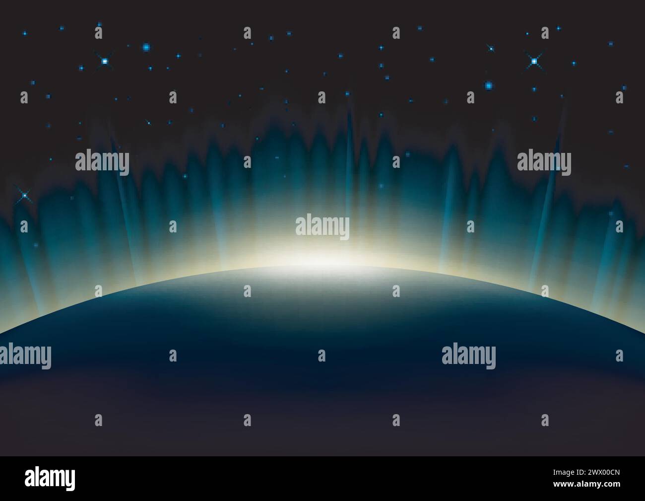 Rising Sun On Earth With Aurora Glowing Background, Vector Illustration ...