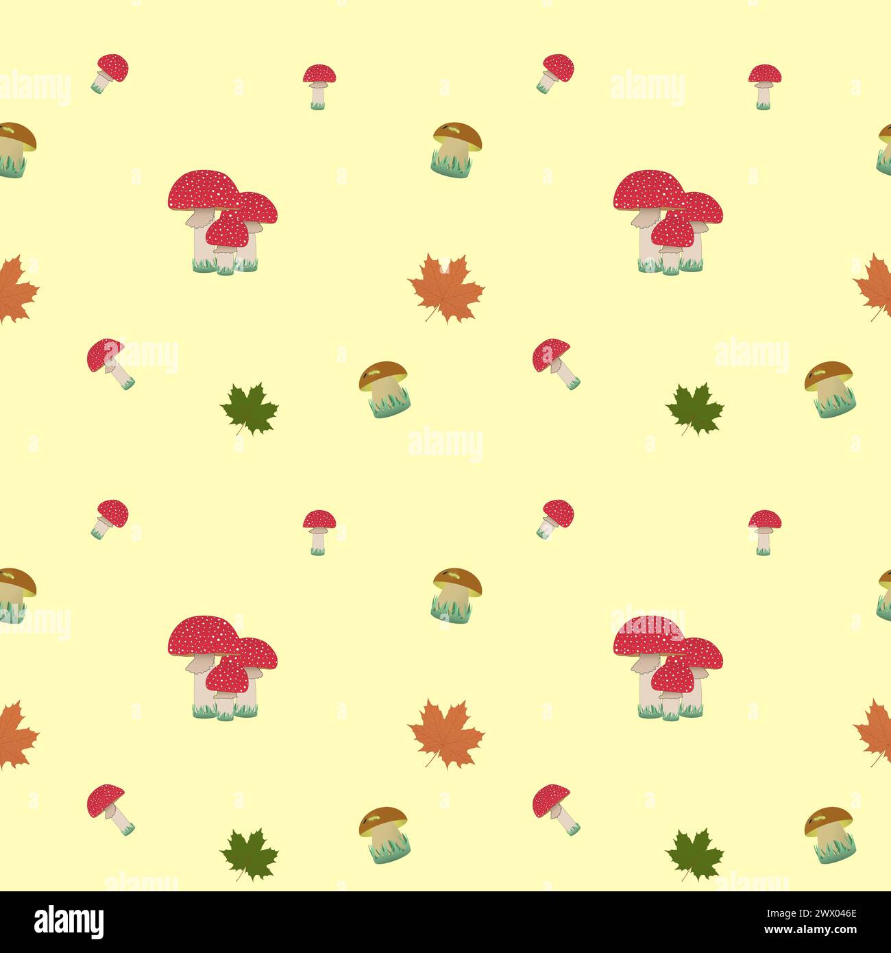 Fly agaric, mushrooms and maple leaves on yellow background, fall. Vector pattern Stock Vector