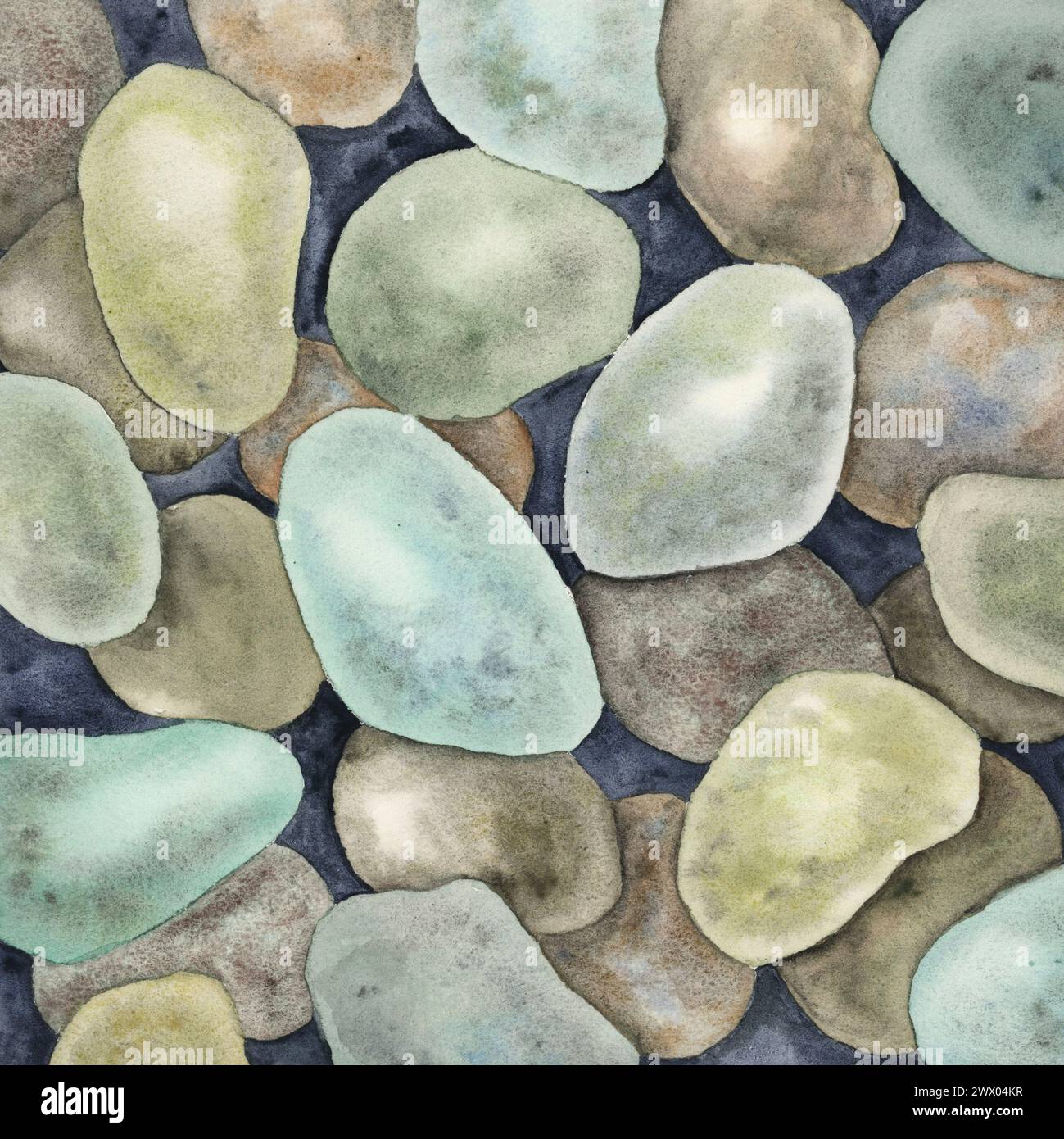 Watercolor Abstract Rocks Pebbles in watercolor. Illustration underwater rocks in green tones ...