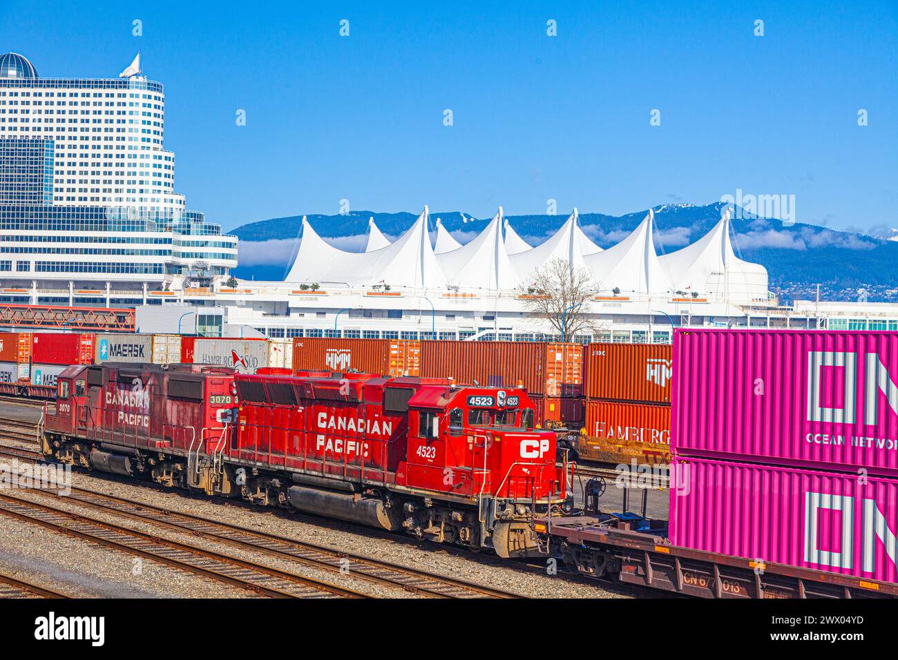 Shunting railyard along the Vancouver waterfront in Canada Stock Photo