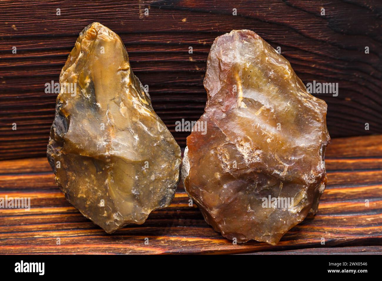 Roughly processed stone scrapers made of chalcedony, a Stone Age tool Stock Photo