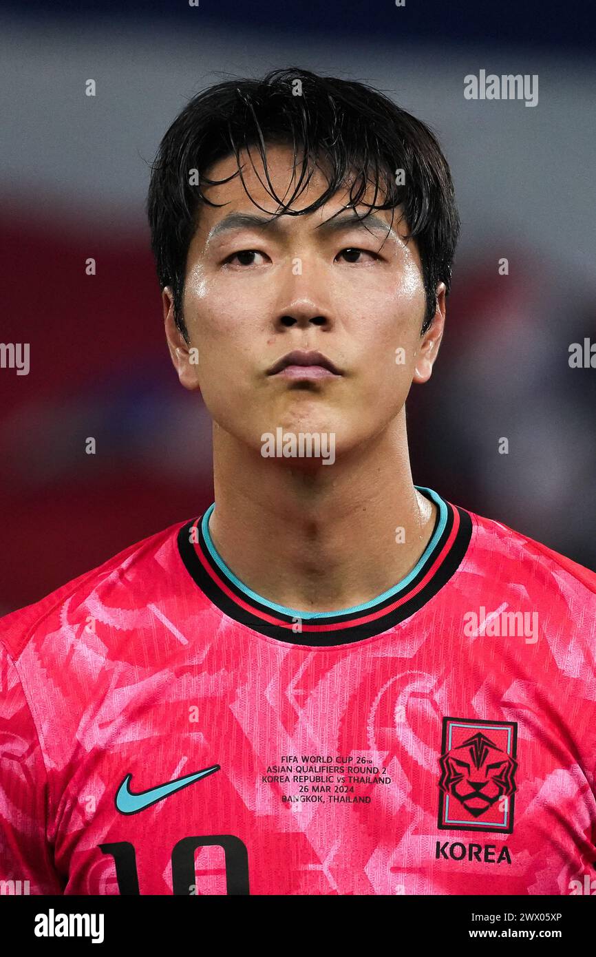 Bangkok, Thailand. 26th Mar, 2024. Kim Young-gwon of South Korea stands for national anthem prior to the FIFA World Cup 2026 Qualifiers Group C match between Thailand and South Korea at Rajamangala National stadium in Bangkok. Final score; Thailand 0 : 3 South Korea. Credit: SOPA Images Limited/Alamy Live News Stock Photo