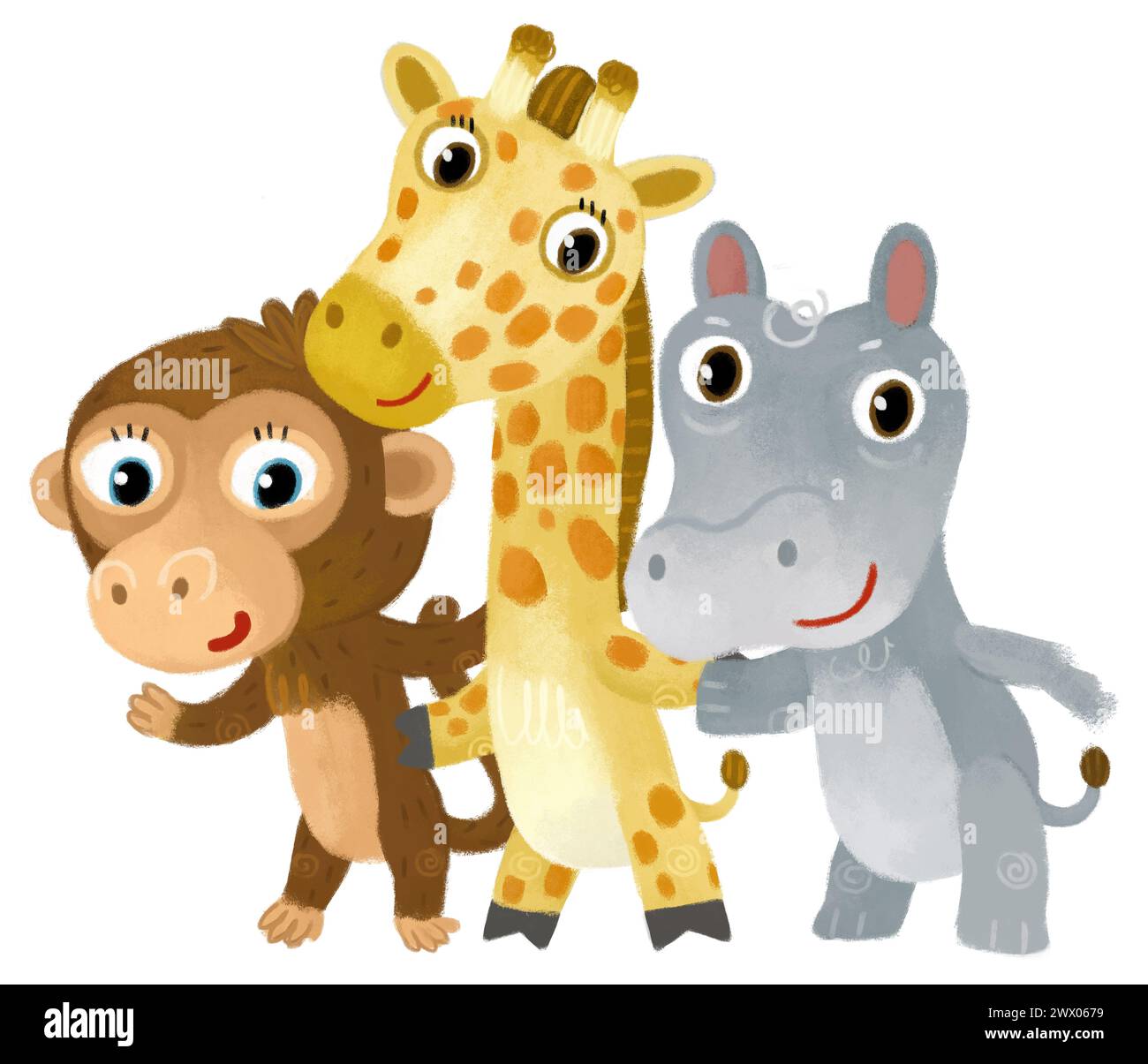 Cartoon zoo scene with zoo animals friends together in amusement park on white background with