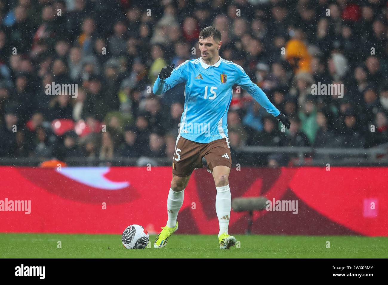 Thomas Meunier of Belgium with the ball during the International Friendly match England vs Belgium at Wembley Stadium, London, United Kingdom, 26th March 2024  (Photo by Gareth Evans/News Images) Stock Photo