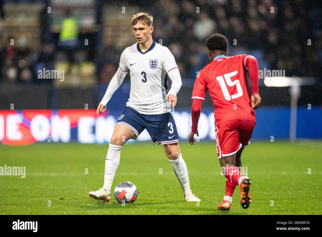Callum Doyle #3 of England during the UEFA Under 21 Championship match between England Under 21s and Luxembourg at the Toughsheet Stadium, Bolton on Tuesday 26th March 2024. (Photo: Mike Morese | MI News) Credit: MI News & Sport /Alamy Live News Stock Photo