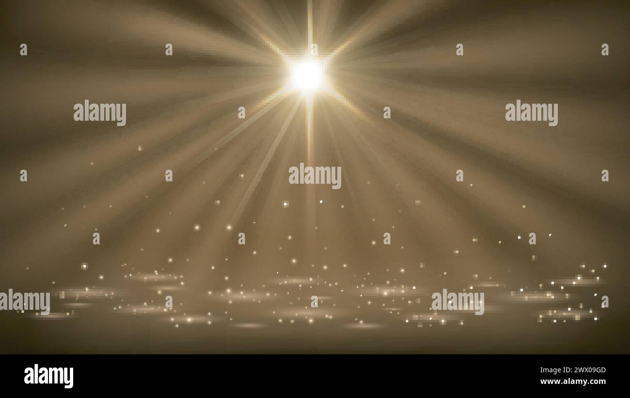 Spotlights Shining with Gold Flying Particles, Widescreen Background, Vector Illustration Stock Vector