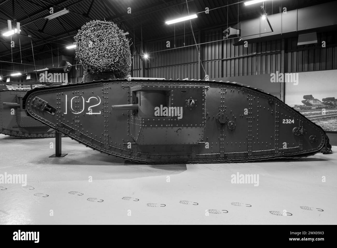 Bovington.Dorset.United Kingdom.August 8th 2023.A Mark 4 male tank fron the first world war is on show at the Tank Museum Stock Photo