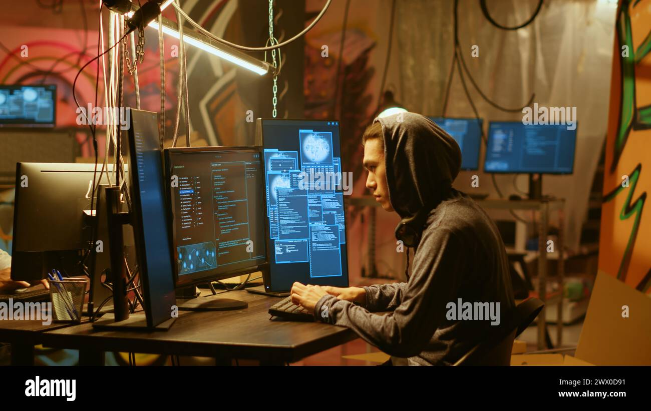 Hackers found by cybercriminal law enforcement able to get past their usage of anonymity tools to mask online identity. Criminals in hideout running from police after hacking into servers Stock Photo