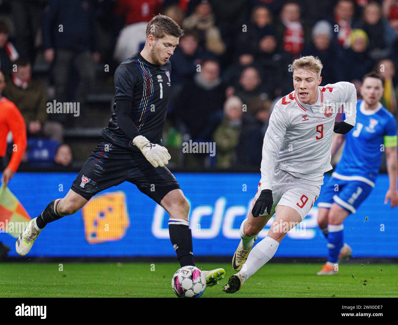 Denmark's Rasmus Hoejlund and the Faroe Islands' Mathias Lamhauge ...