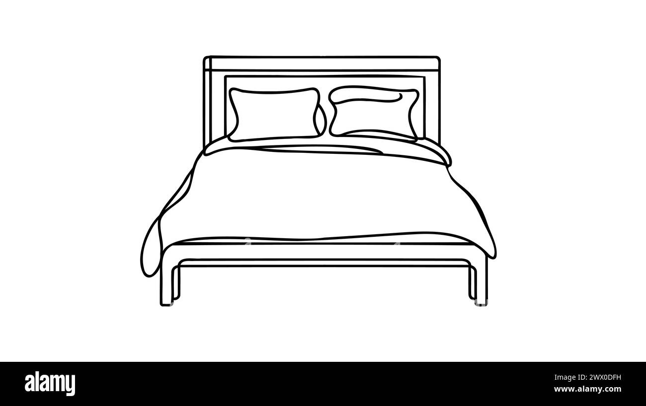 Continuous line drawing of double bed. Modern loft furniture for the bedroom in a minimalist single-line style. vector illustration in doodle style. Stock Vector