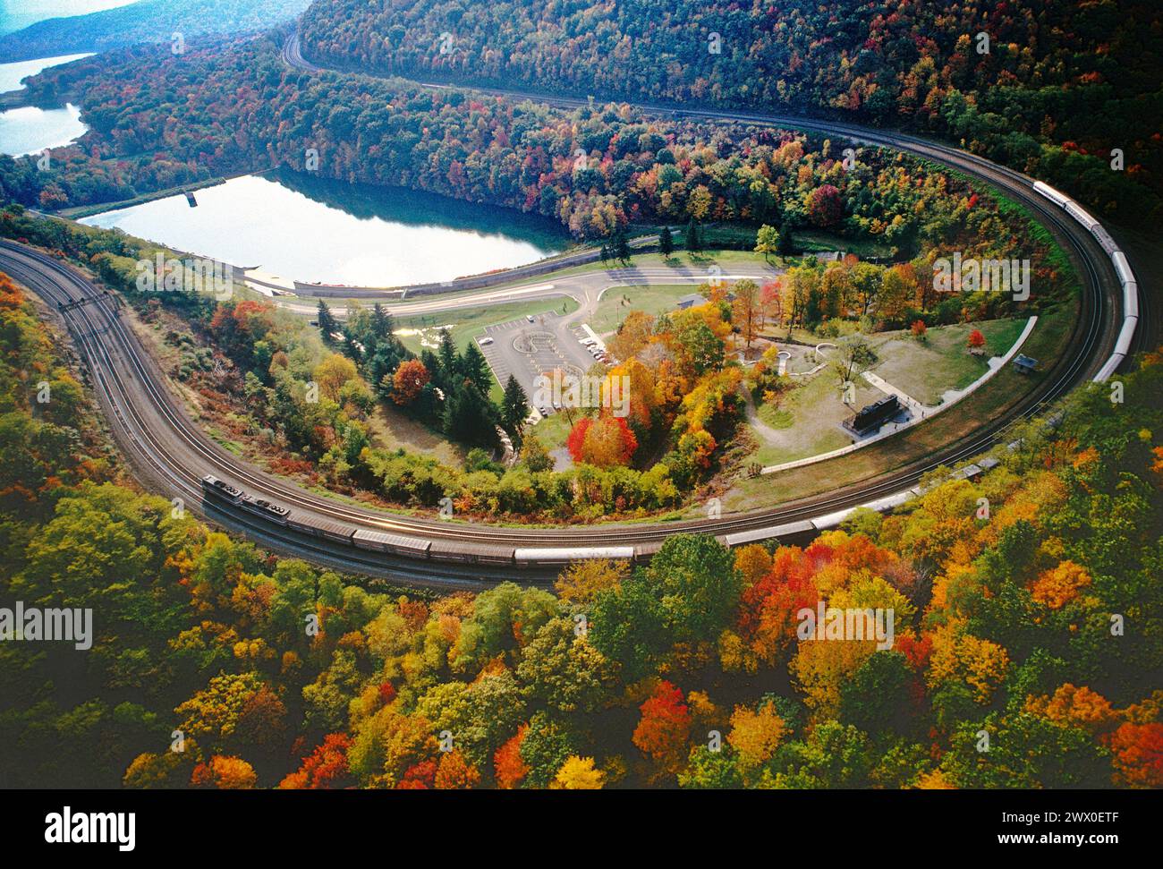 Aerial view of the Horseshoe Curve with colorful autumn foliage Stock