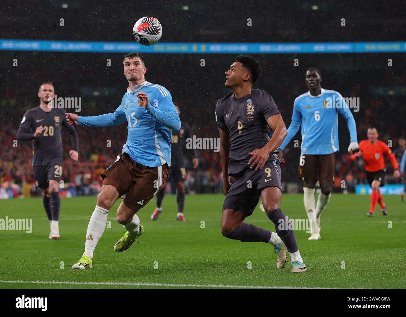 London, UK. 26th Mar, 2024. Thomas Meunier of Belgium and Ollie Watkins of England challenge for the ball during the International Friendly match at Wembley Stadium, London. Picture credit should read: Paul Terry/Sportimage Credit: Sportimage Ltd/Alamy Live News Stock Photo