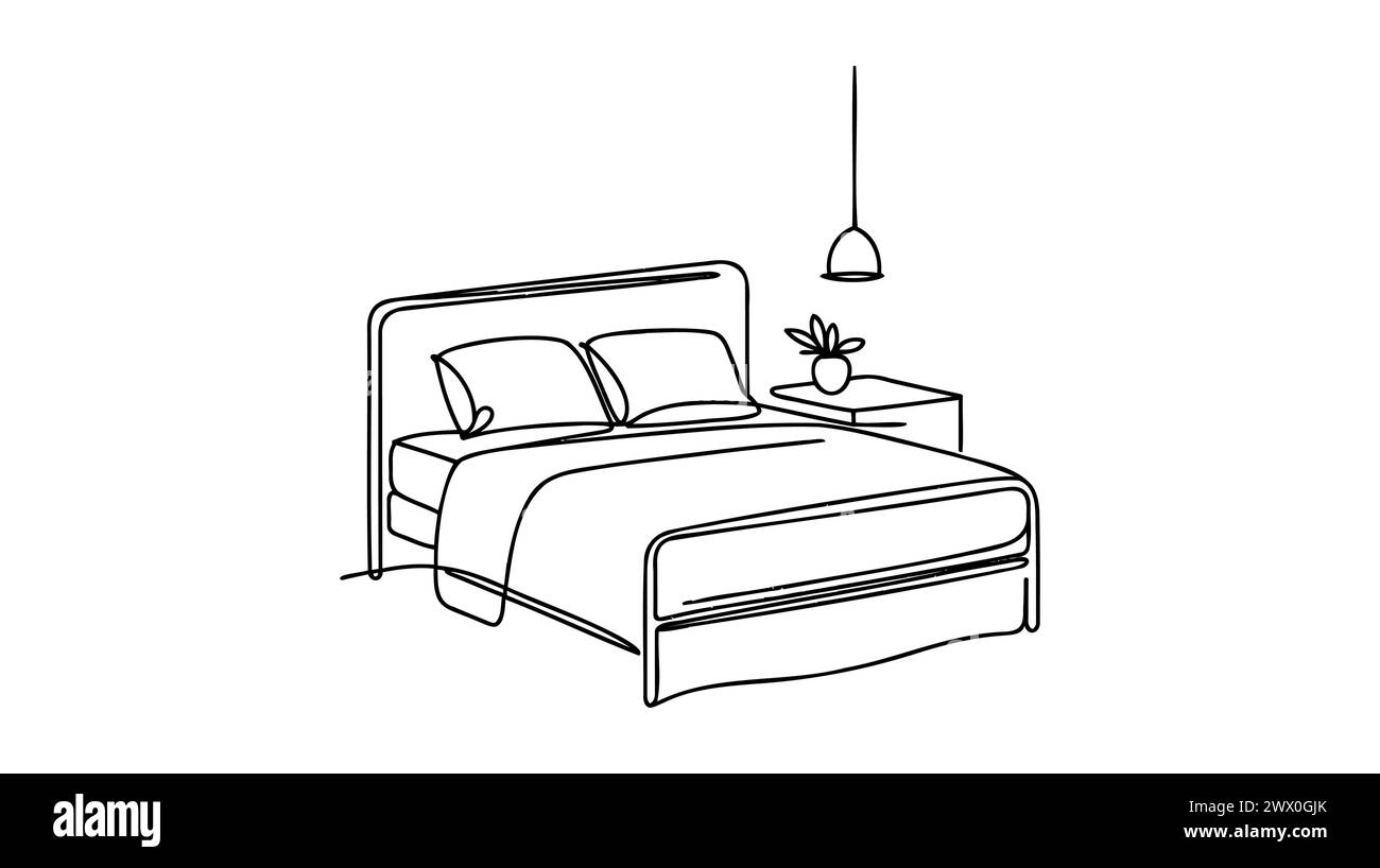 Continuous line drawing of double bed. Modern loft furniture for the bedroom in a minimalist single-line style. vector illustration in doodle style. Stock Vector