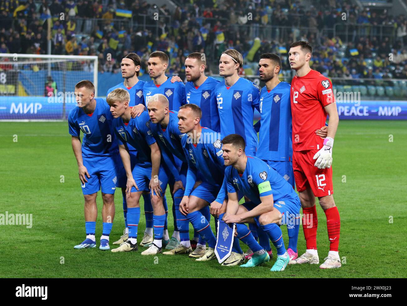 Wroclaw, Poland - March 26, 2024: Players of Iceland National Team pose for a group photo before the UEFA EURO 2024 Play-off game Ukraine v Iceland at Tarczynski Arena in Wroclaw, Poland Stock Photo