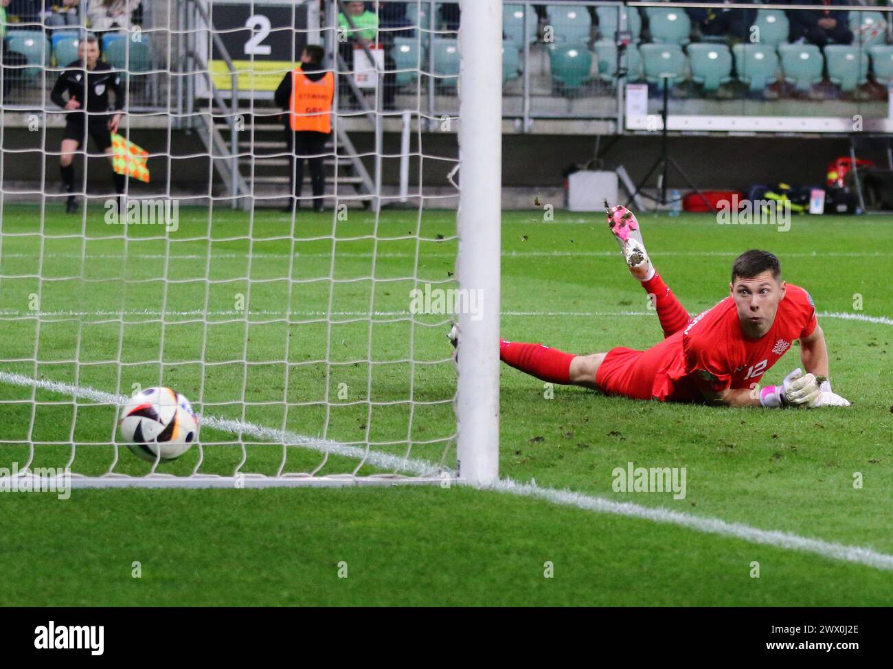 Wroclaw, Poland - March 26, 2024: Goalkeeper Hakon Rafn Valdimarsson of Iceland misses a goal during the UEFA EURO 2024 Play-off game against Ukraine at Tarczynski Arena. Iceland lost 1-2 Stock Photo