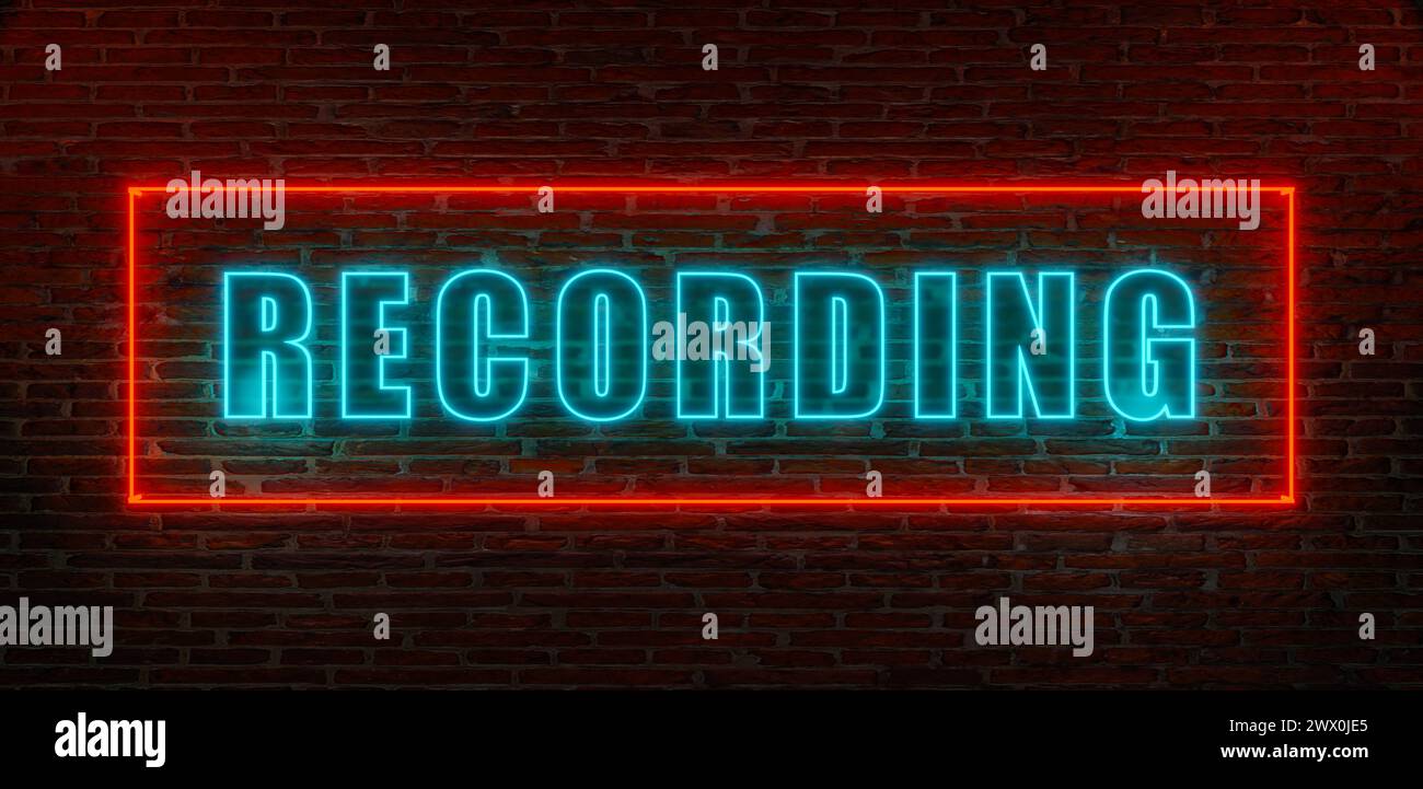 Recording, entertainment and show business. Recording sign. Brick wall at night with the word Recording in blue neon letters. Entertainment industry, Stock Photo