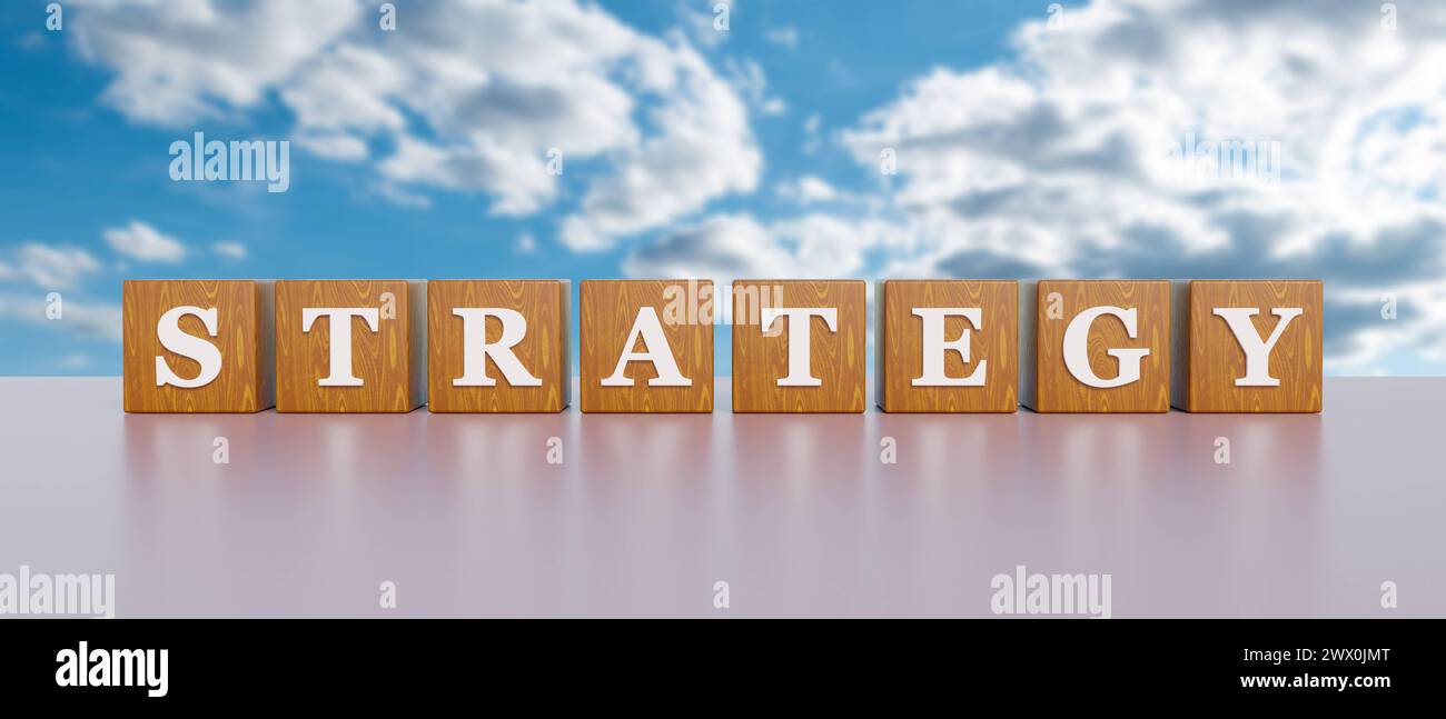 Strategy Strategy. Wooden dices with white capital letters and the word ...